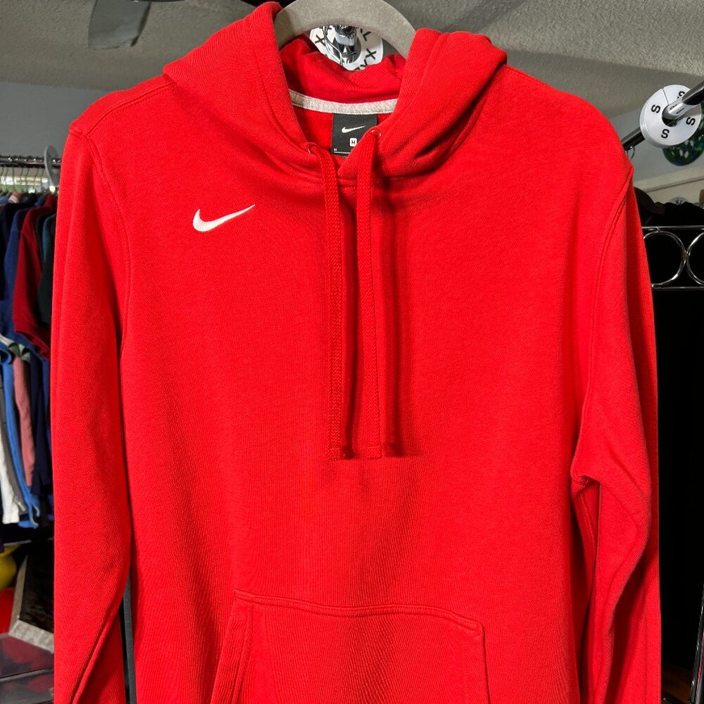 Nike Red Drawstring Hoodie with Swoosh Logo and Kangaroo Pocket SZ M